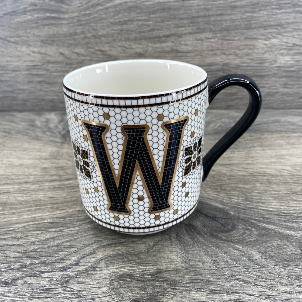 Anthropologie Bistro Tile Monogram Mug Unisex OS White Black Gold "W" Mosaic